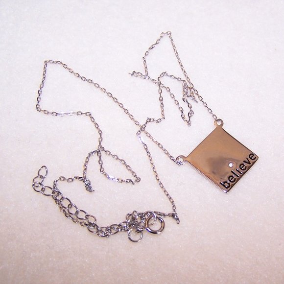Sterling Silver Cubic Zirconia CZ Affirmation Pendant Necklace - BELIEVE - Picture 2 of 6